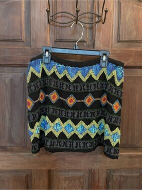 Top Shop Black Beaded Geometric Mini Skirt - Multicolor Accent Size 8